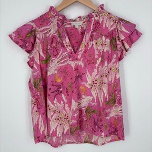 Jennifer &‎ Grace Pink Floral Flutter Sleeve V-Neck Ruffle Top Women Size S Boho